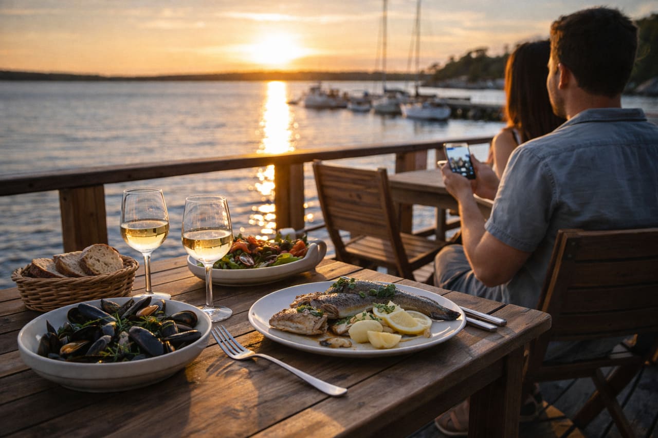 Cena di mare in un ristorante sull’isola di Föglö con vista sul Mar Baltico e uso di smartphone con eSIM