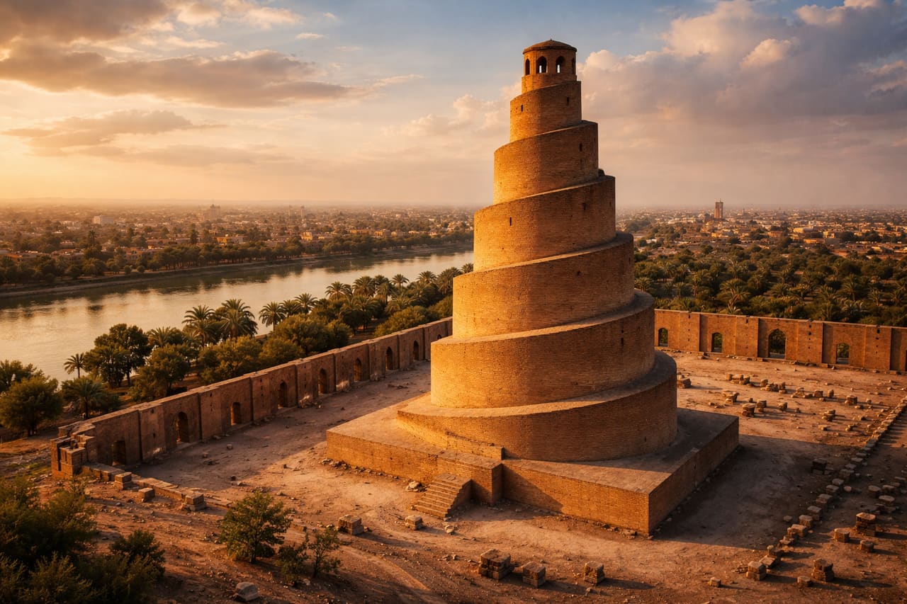 Spiralinis Samaros minaretas Irake - unikalus architektūros objektas tarp istorinių pastatų