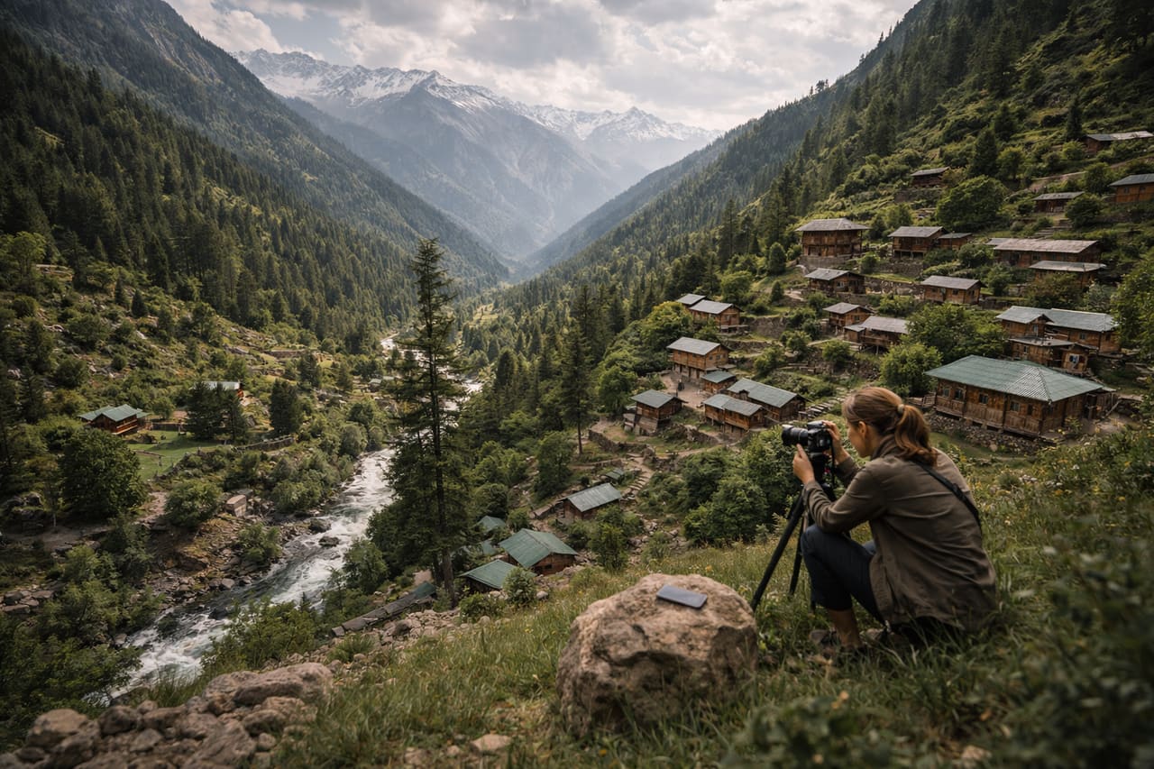 Montagne del Nuristan e un viaggiatore con fotocamera