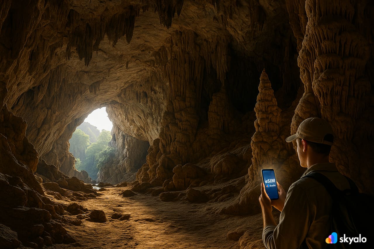 Un explorador a la cova de Phong Nha fa servir l’eSIM per a la navegació i per desar fotos al núvol