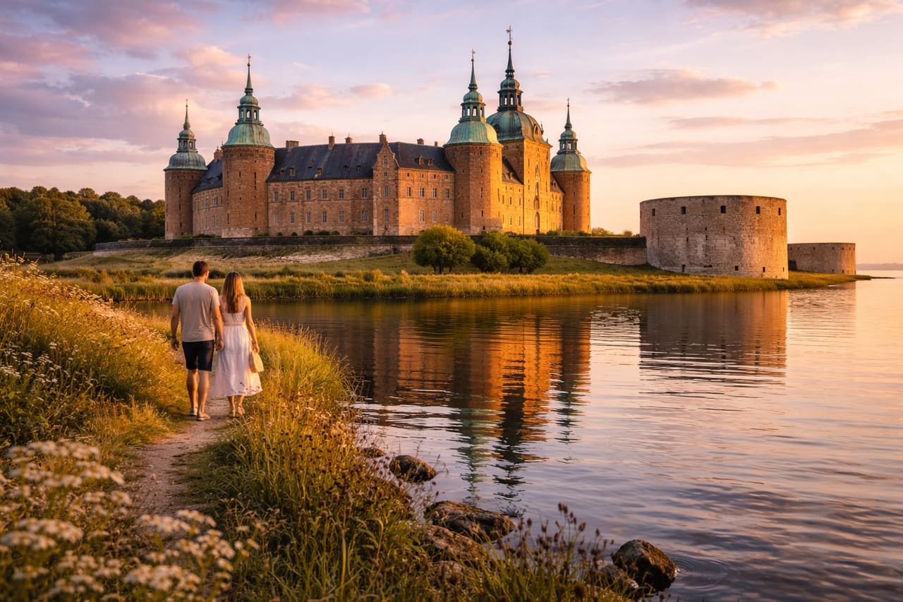Castello di Kalmar al tramonto e turisti