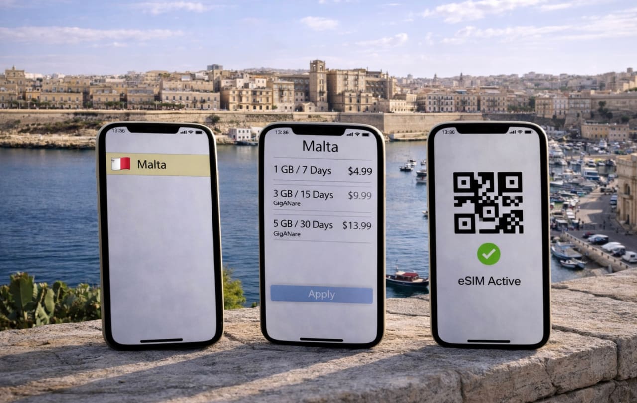 Три смартфона на каменном парапете с интерфейсом выбора и активации eSIM для Мальты на фоне панорамы Валлетты и гавани.