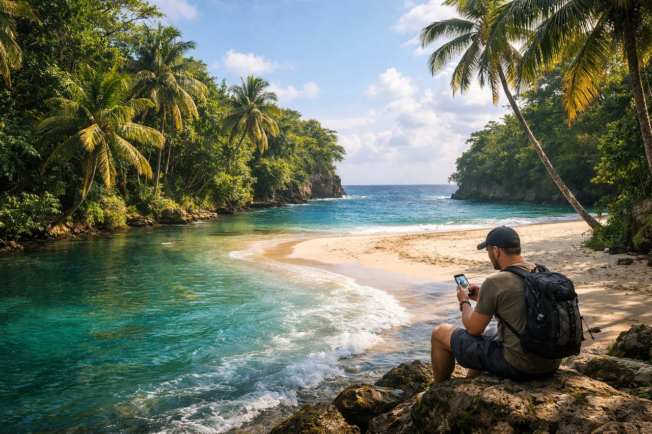 Frenchman’s Cove: il fiume sfocia nel mare, un turista sullo sfondo controlla la mappa sullo smartphone