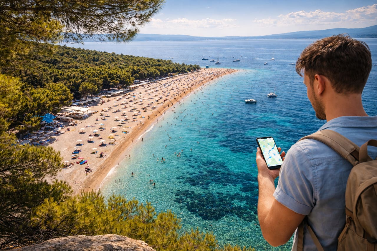 Touristen am Strand Zlatni Rat in Kroatien nutzen ein Smartphone mit eSIM-Internet