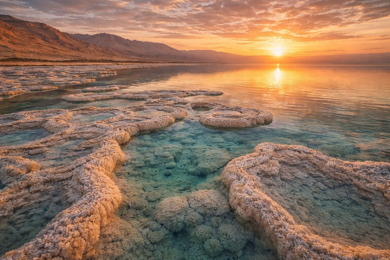 Il Mar Morto con formazioni saline e montagne desertiche