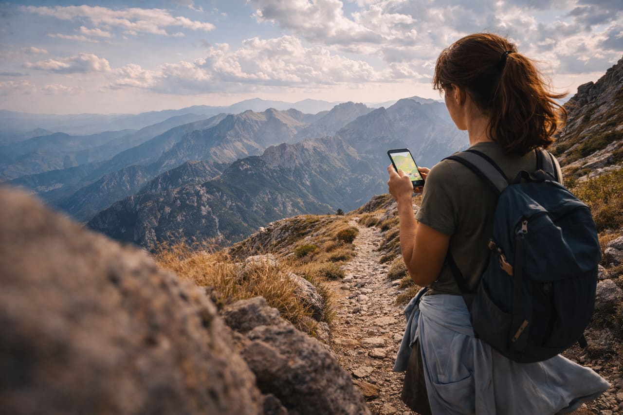 Trekking sul Monte Olimpo e un viaggiatore che si orienta con la mappa su uno smartphone con eSIM