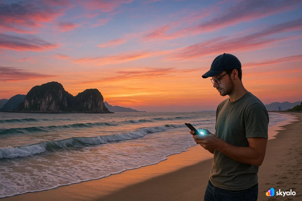 Costa di Da Nang con le Marble Mountains, viaggiatore che usa la eSIM per trovare caffè top tramite mappe online