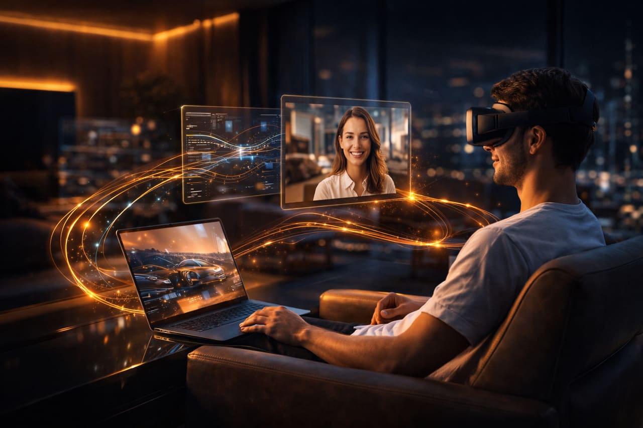 Utente con VR, videochiamate e download istantaneo dei contenuti sulla rete 6G
