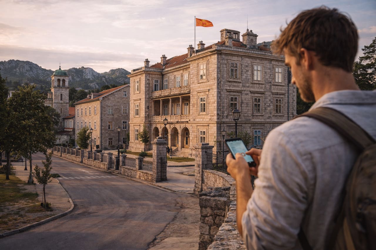 Centro storico di Cetinje e un turista con lo smartphone