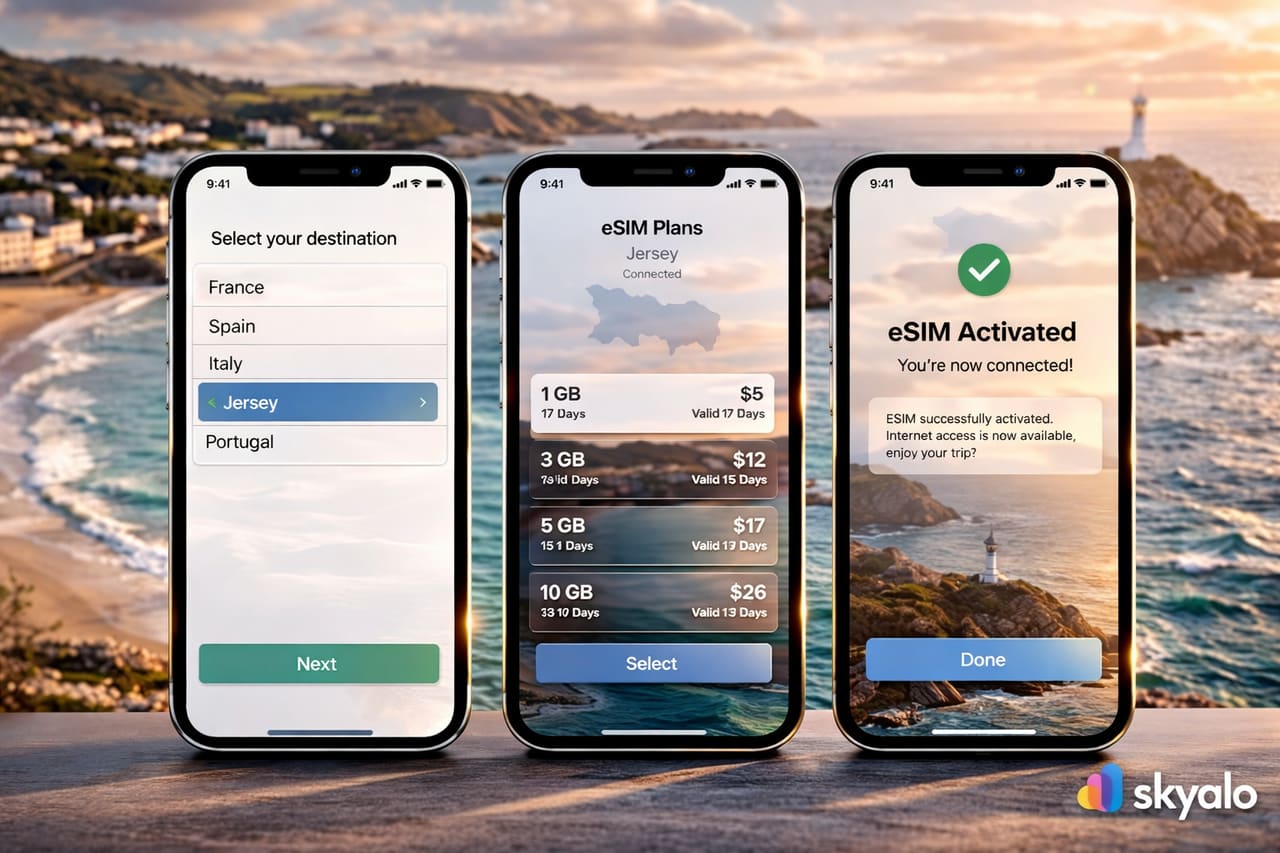 Три смартфона с пошаговым подключением eSIM для Джерси на фоне живописного побережья острова: выбор страны, выбор тарифа и успешная активация интернета.