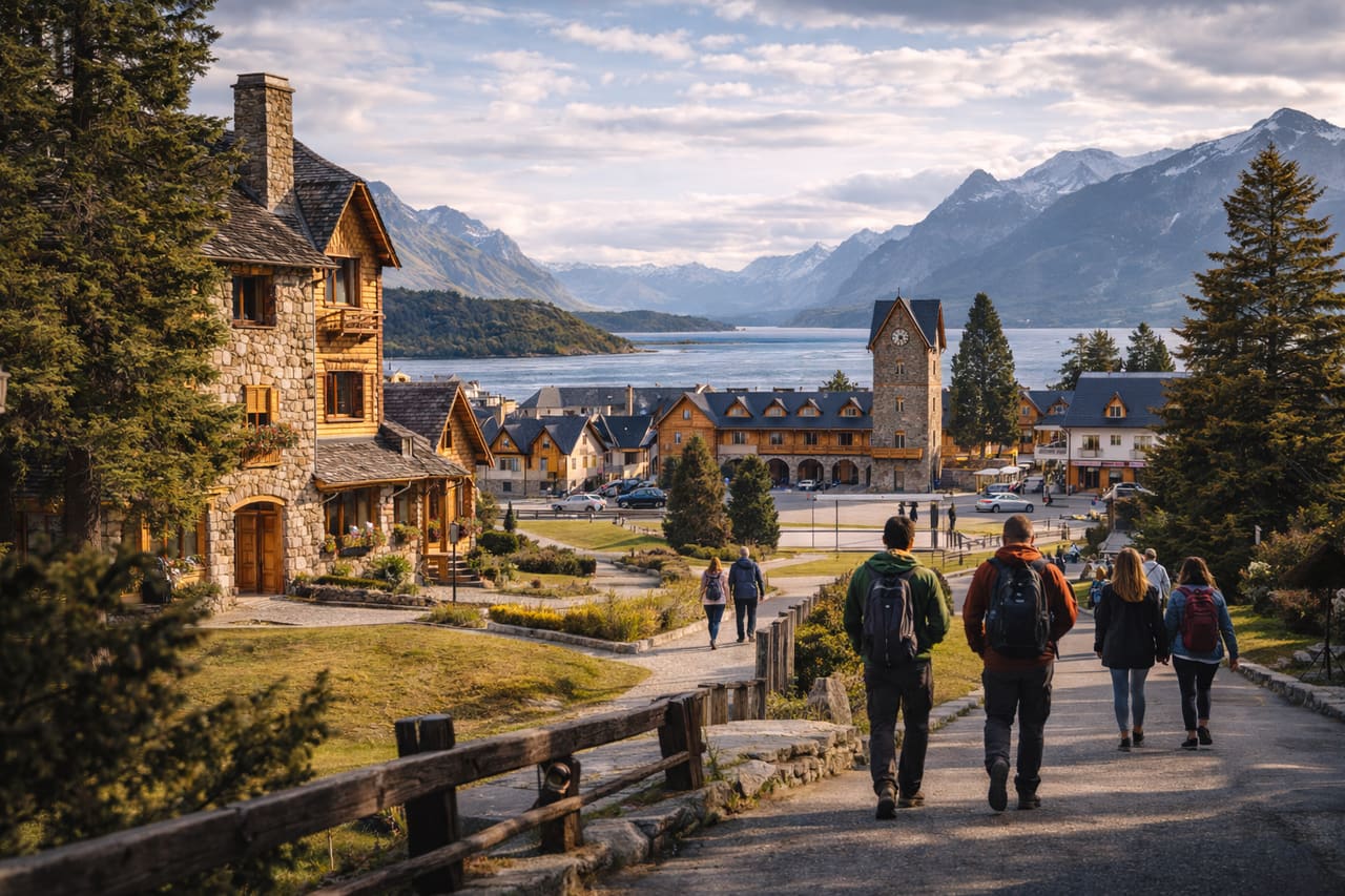 Bariloche e lago Nahuel Huapi con turisti che usano internet mobile tramite eSIM