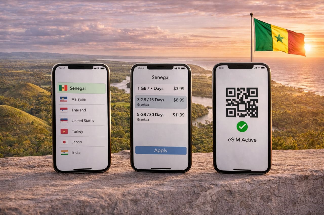 Attivazione della eSIM per internet in Senegal su smartphone – scelta della tariffa, installazione e attivazione della eSIM per viaggiare.