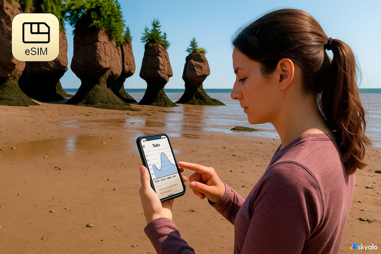 Donna che fotografa le Hopewell Rocks con la bassa marea; tabella delle maree sul telefono, rocce rosse e fondale sabbioso
