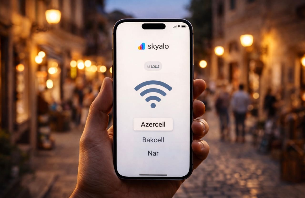 Primo piano di una mano che tiene uno smartphone moderno con l’app Skyalo sullo schermo: logo, icona eSIM, simbolo Wi‑Fi e lista delle reti Azercell, Bakcell e Nar; sullo sfondo le vie serali di Icheri Sheher a Baku con luci calde e bokeh morbido.