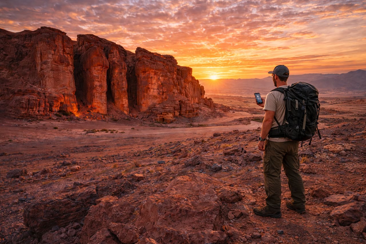 Le rocce rosse del Parco di Timna e un viaggiatore che usa uno smartphone con eSIM