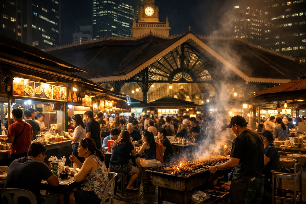 Il mercato notturno di Lau Pa Sat con street food.