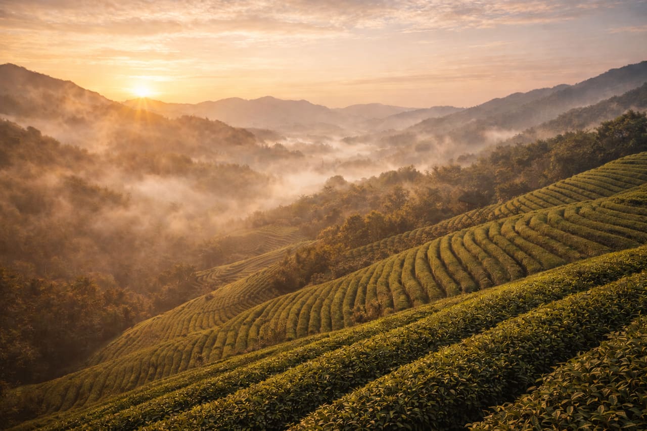 Le piantagioni di tè Longjing a Hangzhou e un turista con lo smartphone