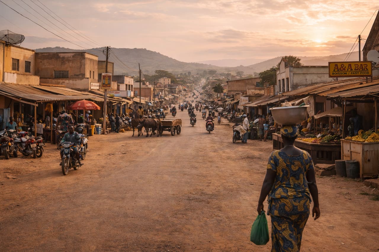 Djougou i Benin med nordlige bygader, lokal arkitektur, varme farver og atmosfæren i en autentisk hverdagsrute