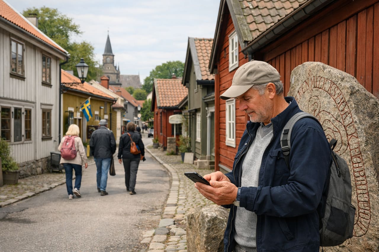 Sigtuna con pietre runiche e un turista controlla il percorso sullo smartphone