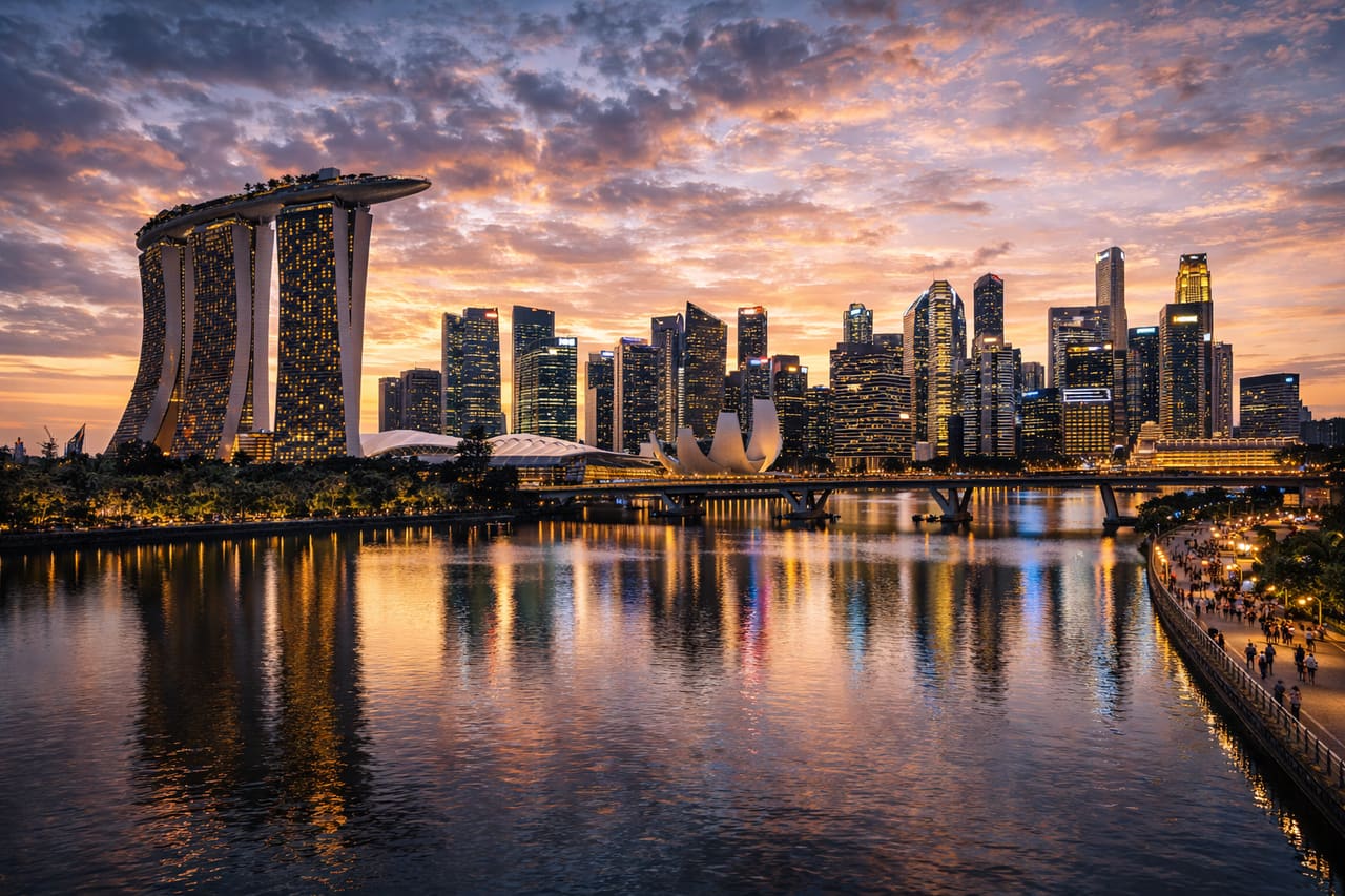 Panorama del quartiere Marina Bay con grattacieli e lungomare.