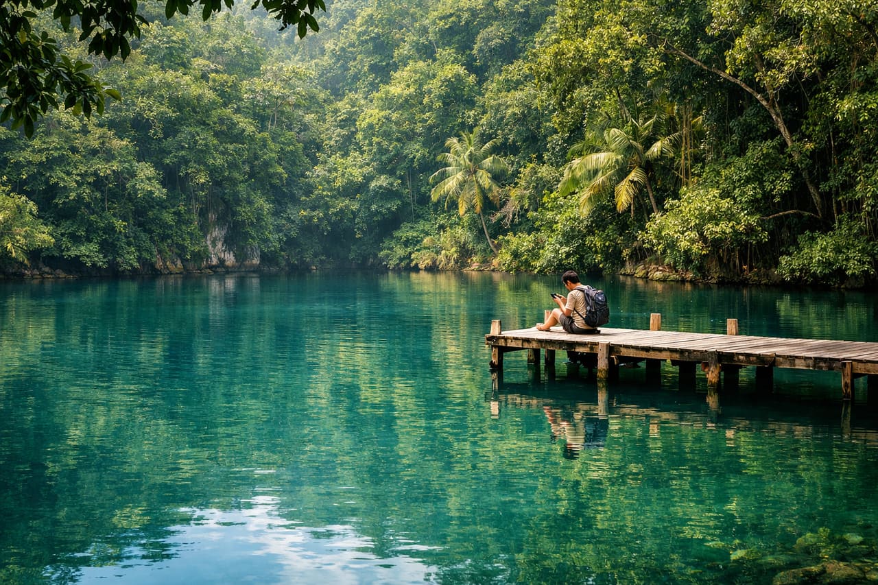 Blue Lagoon di Port Antonio con verde tropicale: un viaggiatore sullo sfondo controlla l’itinerario sul telefono