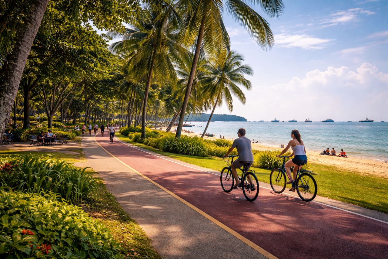 East Coast Park con pista ciclabile sul mare.