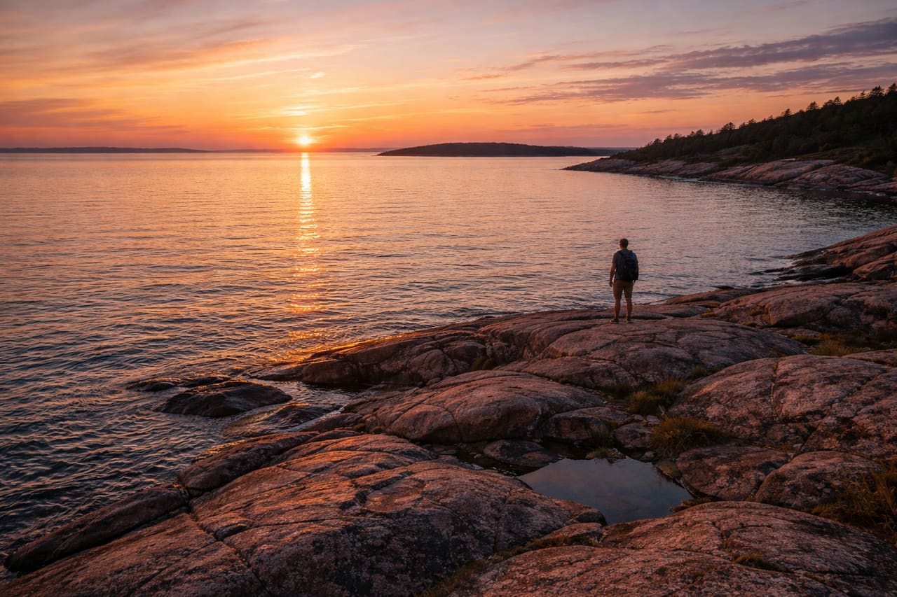 Scogliere di granito delle Isole Åland al tramonto con turista e smartphone con eSIM