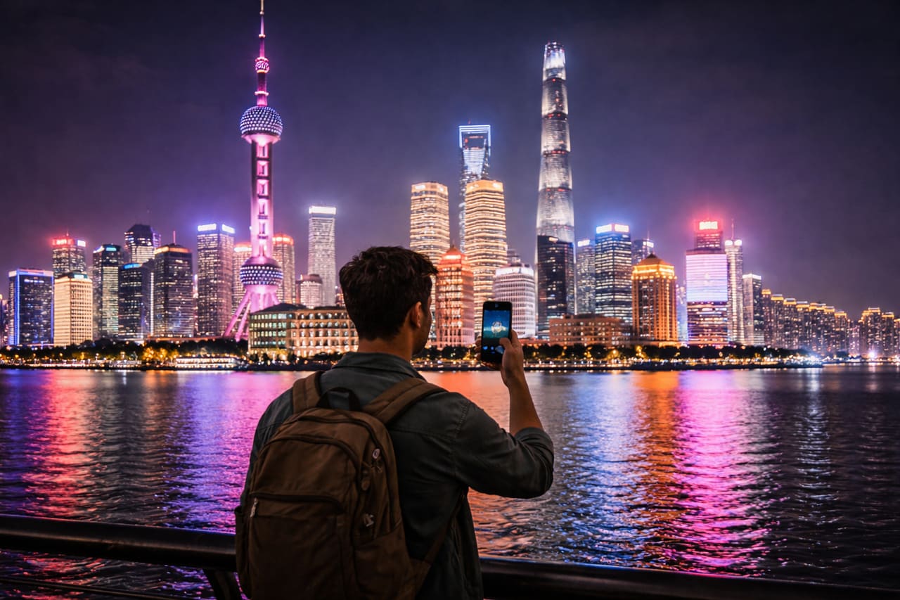 I grattacieli di Pudong a Shanghai di notte e un turista con lo smartphone con eSIM attiva