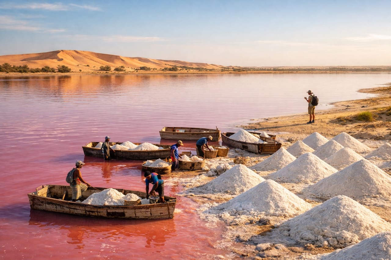Il Lago Rosa Retba con l’insolito colore dell’acqua e le barche per l’estrazione del sale.