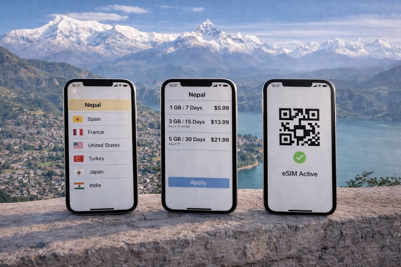 Attivazione della eSIM per il Nepal su smartphone, con sullo sfondo le montagne himalayane e il lago di Pokhara.