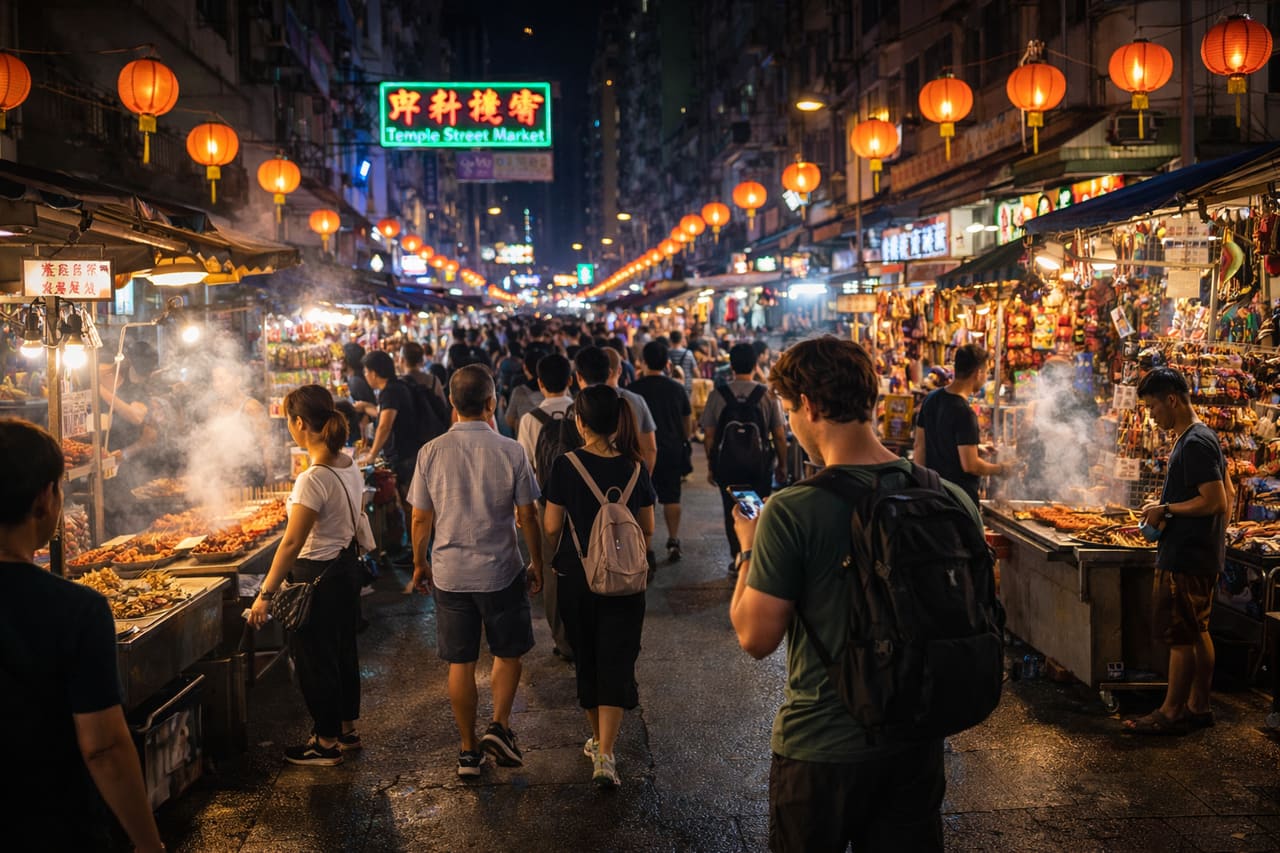 Il mercato notturno di Temple Street con street food e bancarelle.