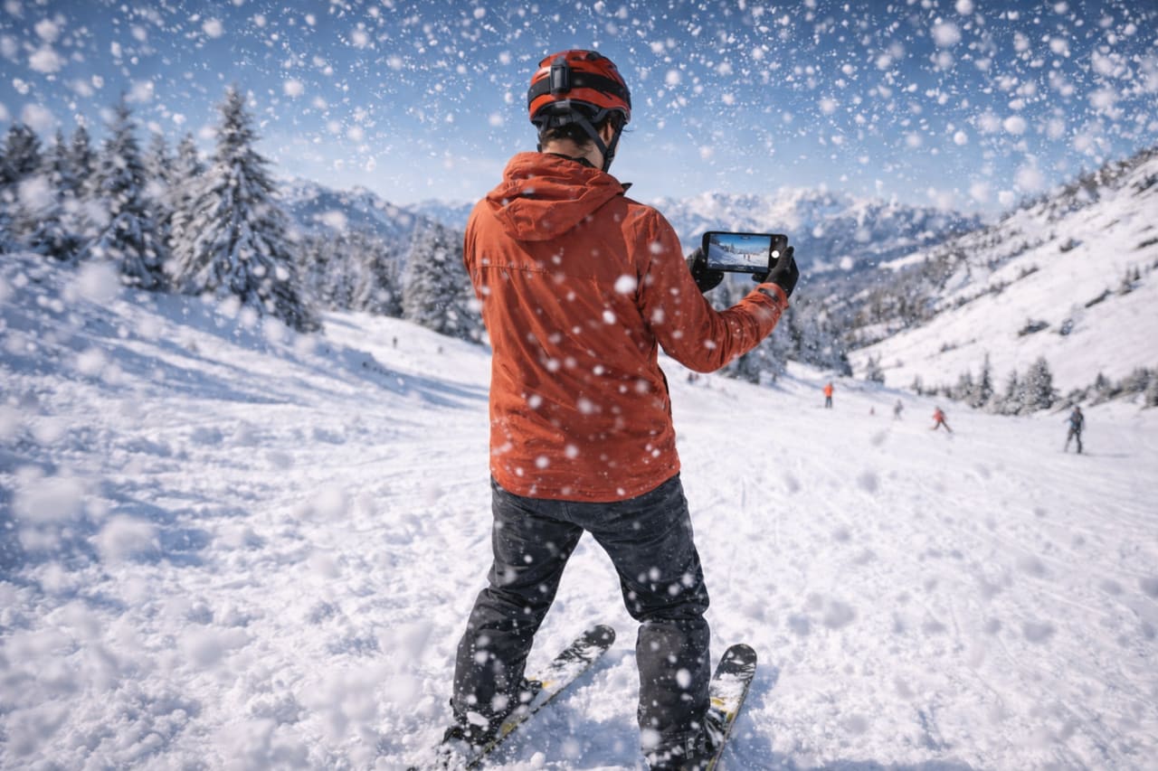 Ripresa di una pista da sci nello Stubaital con uno smartphone con eSIM per viaggiare in Austria