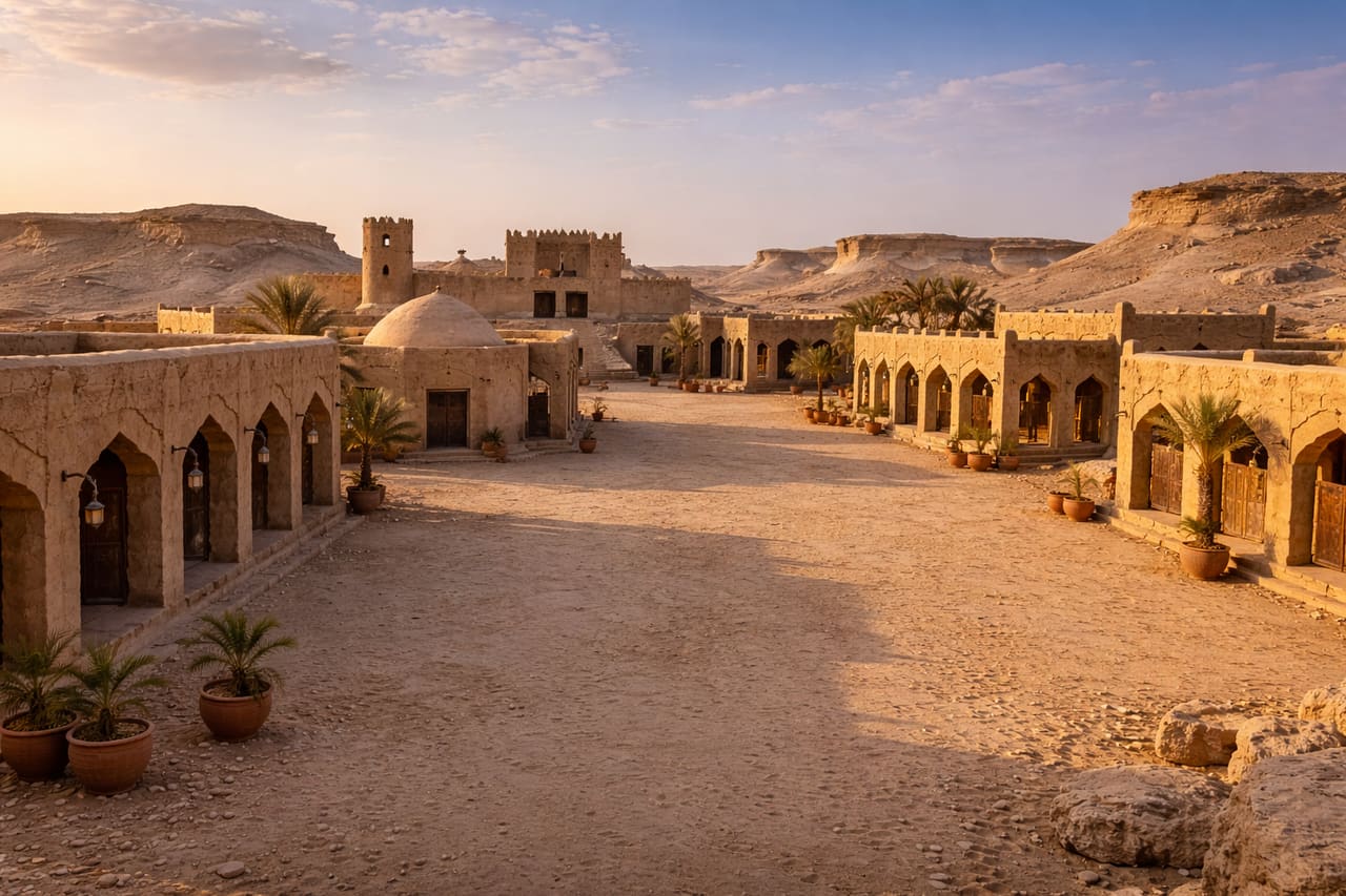 Film City в пустыне Катара с архитектурой в стиле старинного арабского поселения
