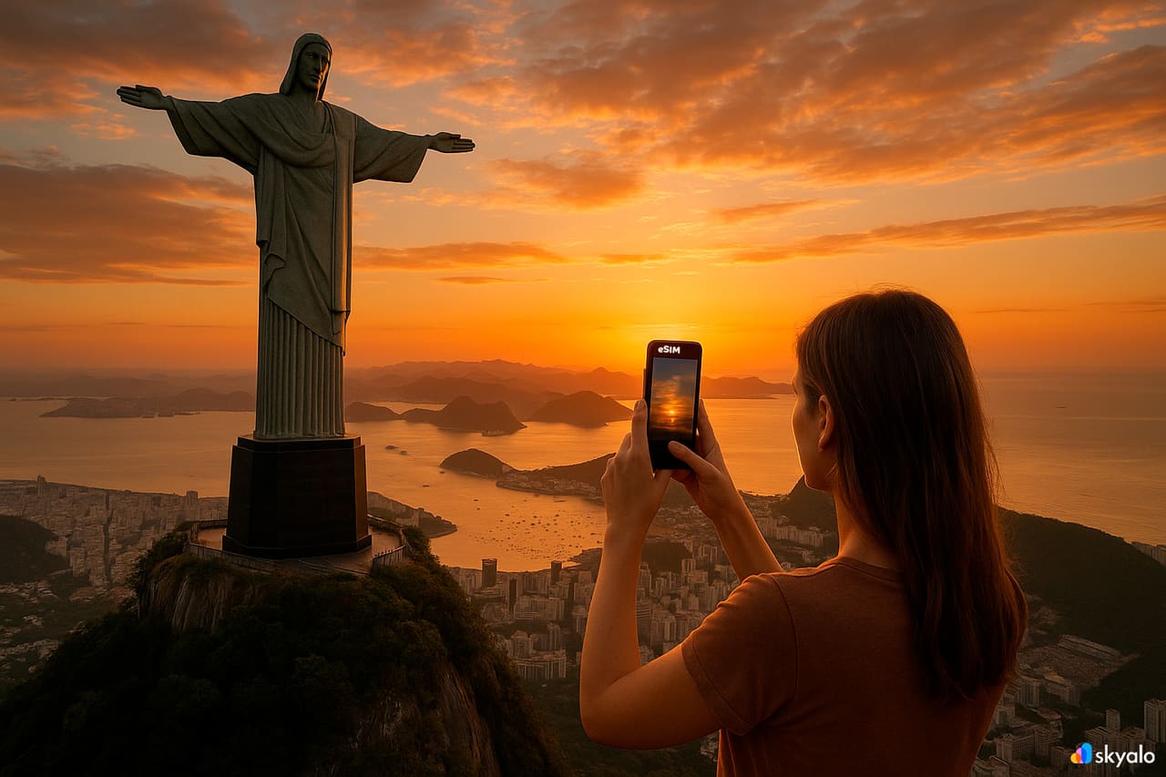 Gün batımında Rio’da akıllı telefonuyla Kurtarıcı İsa’yı fotoğraflayan turist ve Skyalo eSIM