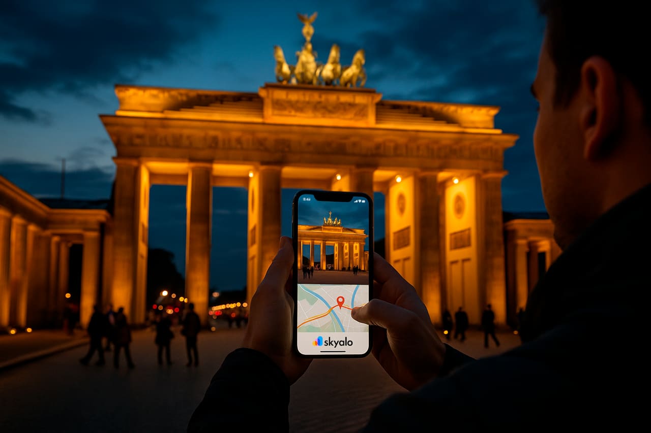 Brandenburg Gate at night; a tourist is filming on their phone, an eSIM from Skyalo is active