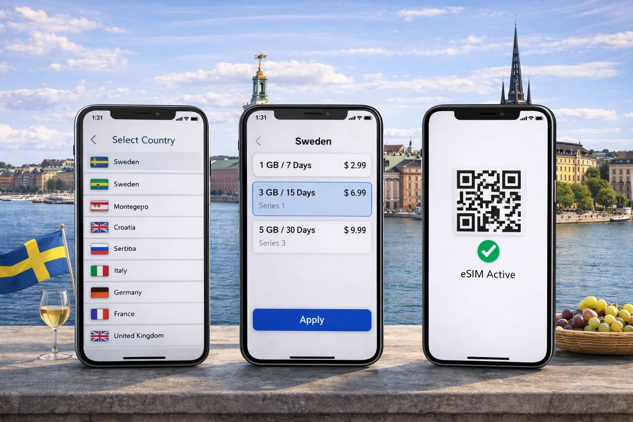 Tre smartphone con connessione eSIM in Svezia sullo sfondo di Stoccolma