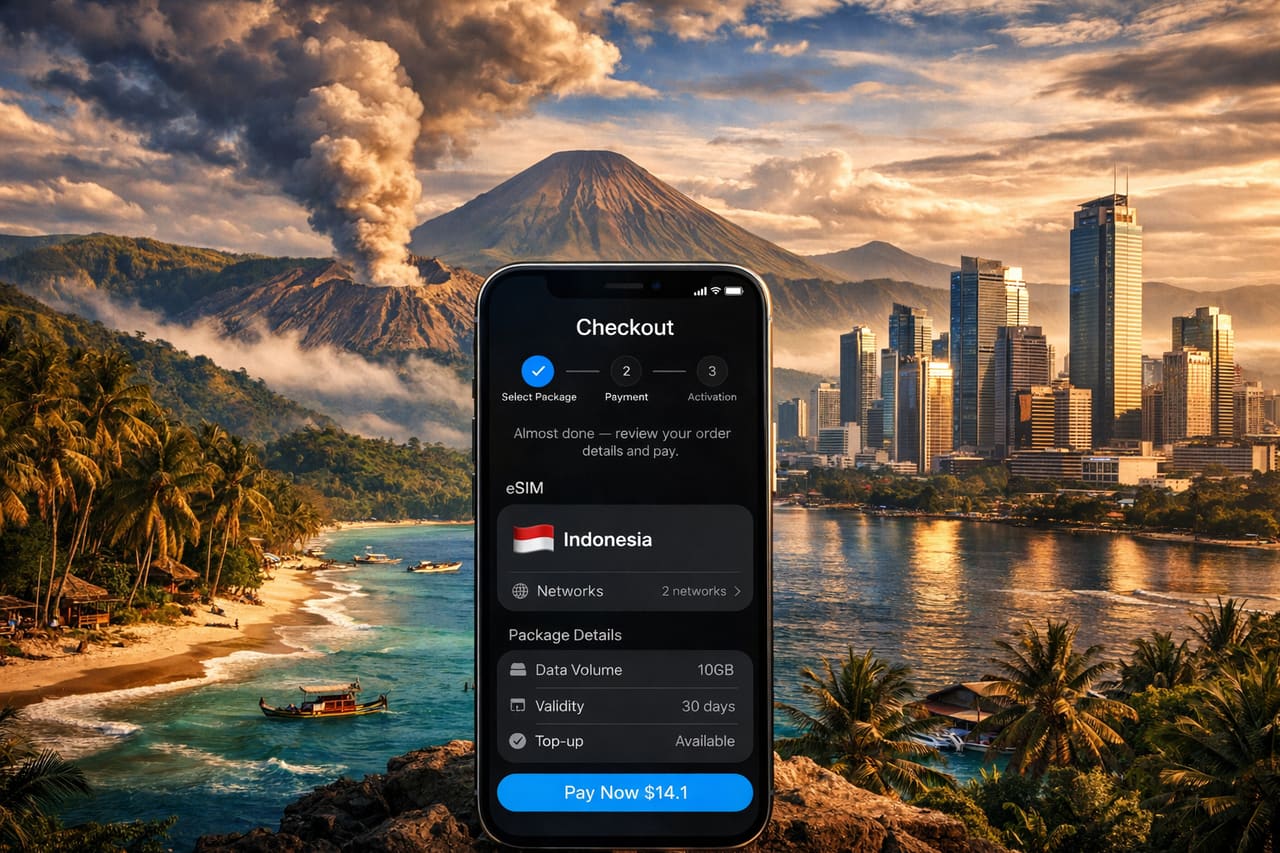 Smartphone con eSIM per l’Indonesia sullo sfondo di un vulcano e dello skyline di Jakarta