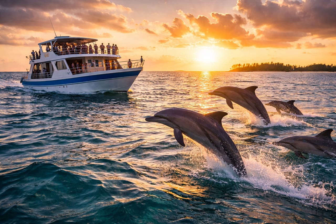 Delfini vicino a una barca al tramonto