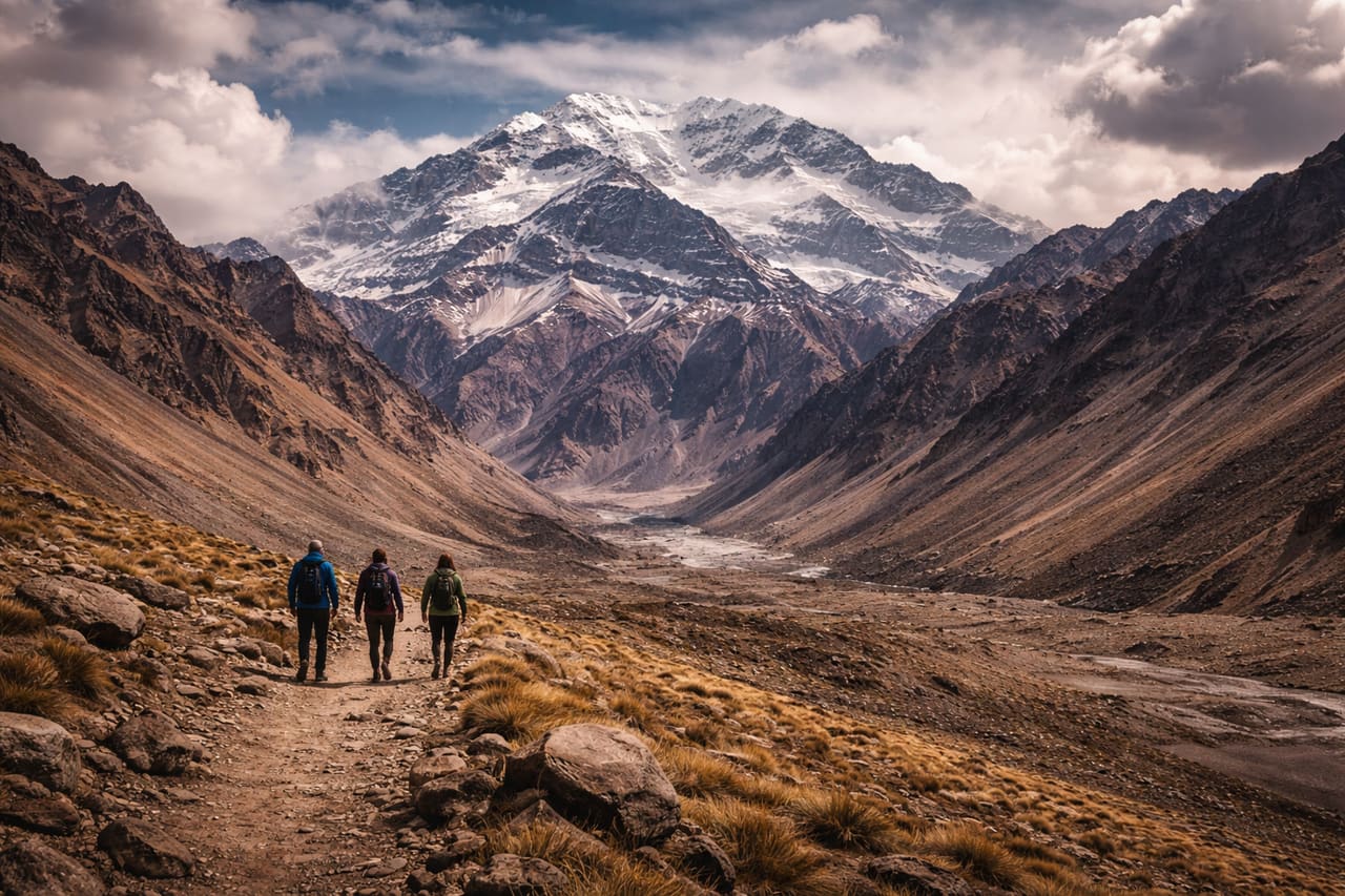 Aconcagua nelle Ande e viaggiatori che controllano le previsioni meteo con uno smartphone con eSIM