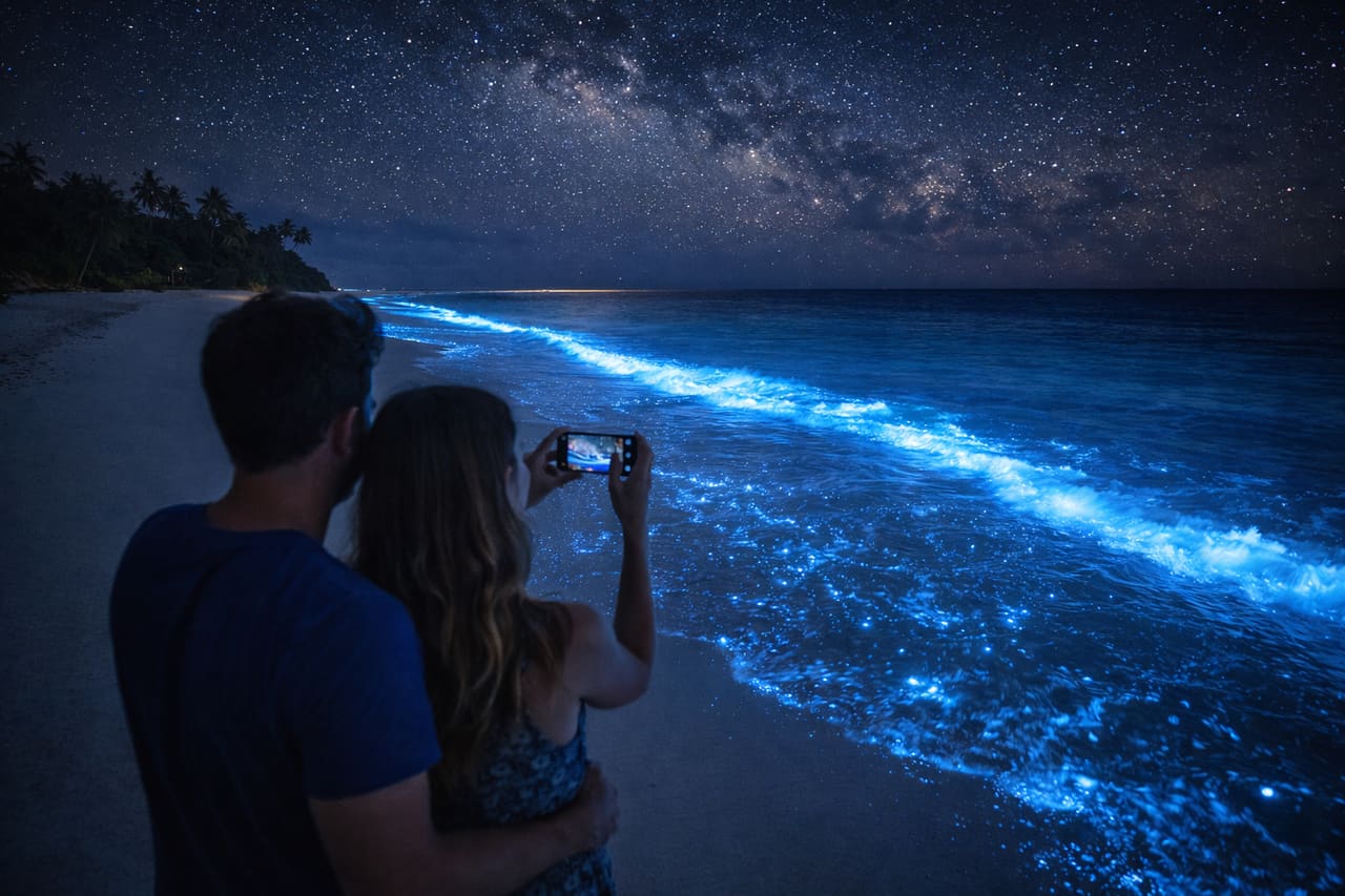 Acqua luminescente sull’isola di Vaadhoo e turisti che condividono foto tramite eSIM
