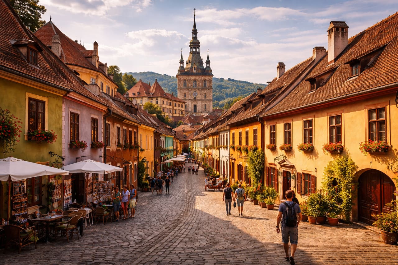 La città medievale di Sighișoara con la Torre dell’Orologio.