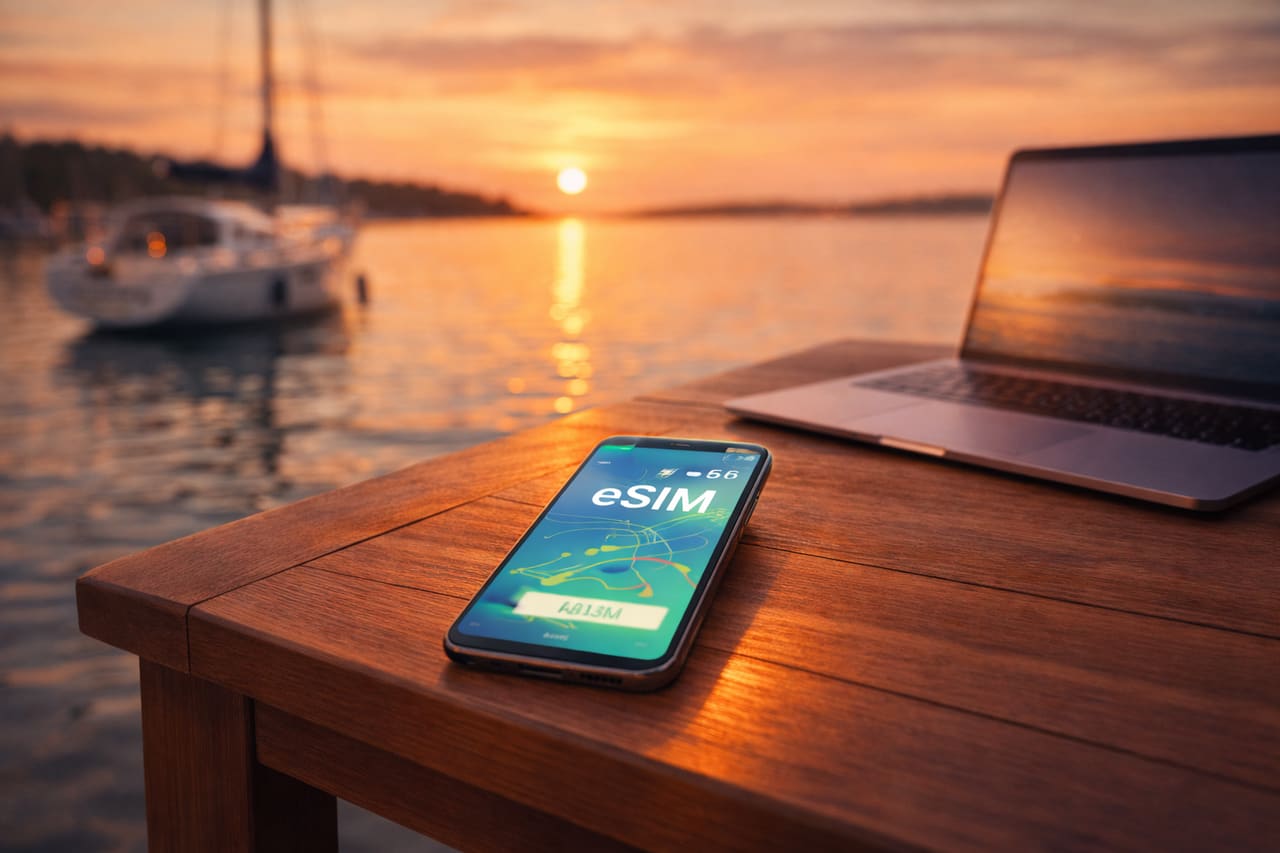 Smartphone con eSIM attiva in primo piano e laptop su un tavolino nella marina delle Isole Åland al tramonto