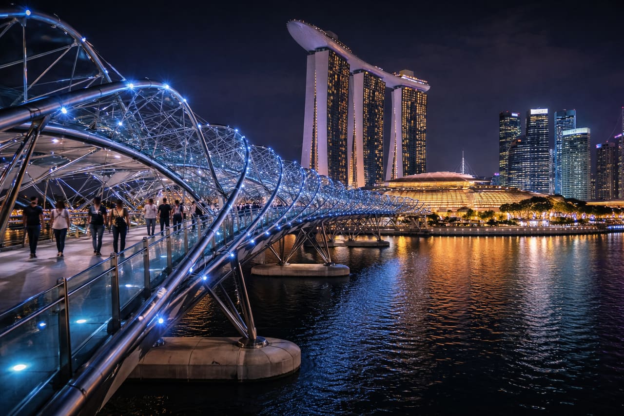 Il futuristico Helix Bridge di sera.