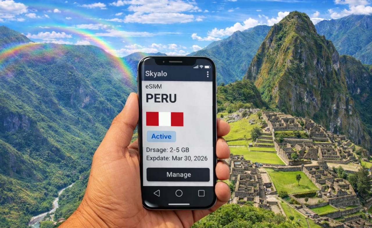 Smartphone dengan eSIM Skyalo aktif dengan latar belakang Machu Picchu di Peru