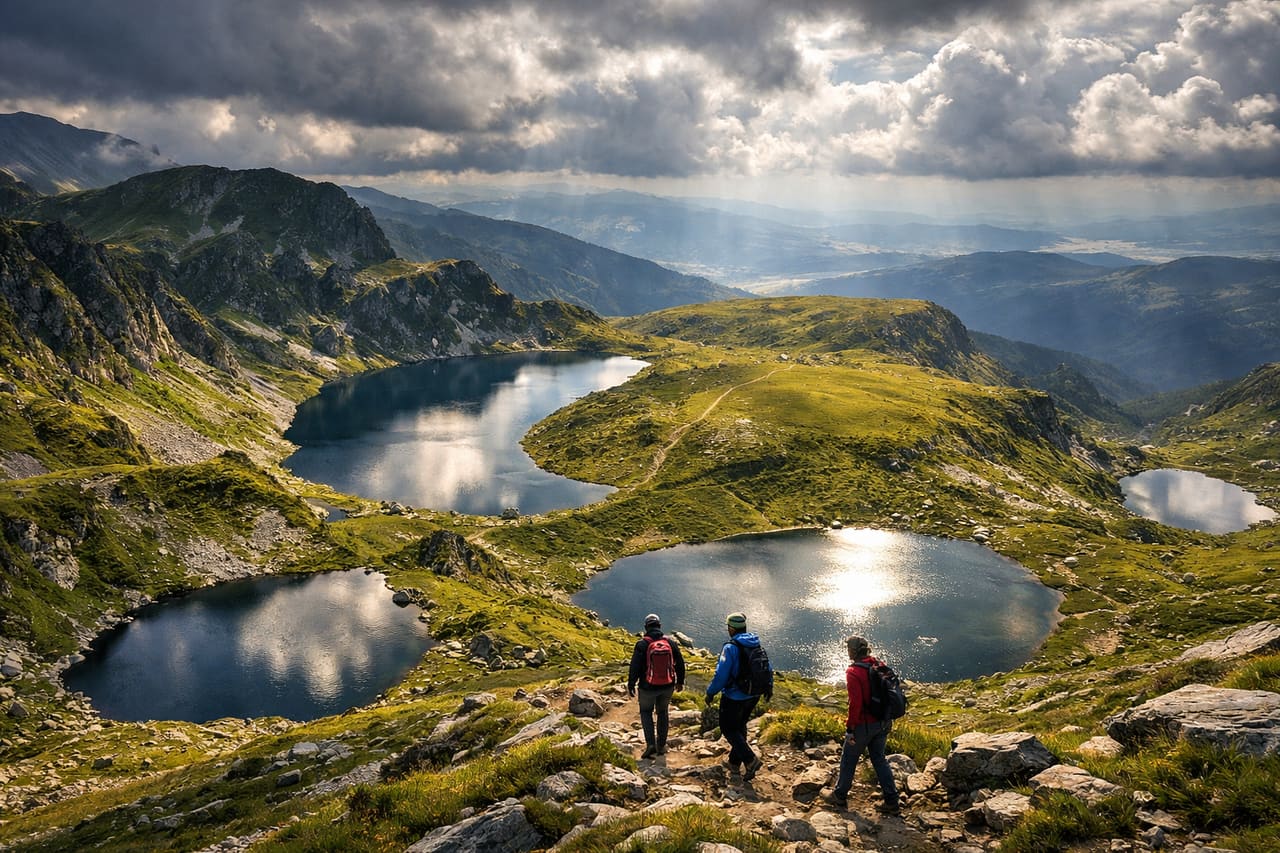I Sette Laghi di Rila tra le montagne della Bulgaria e turisti che usano internet eSIM