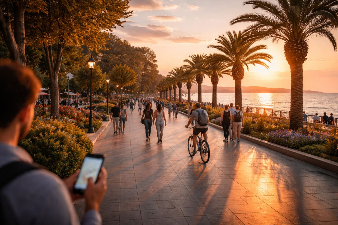 La costa di Varna e turisti che usano internet eSIM durante la passeggiata