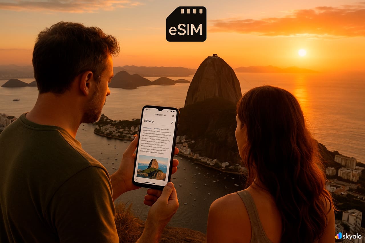 Gün batımında Skyalo eSIM üzerinden akıllı telefondan Sugarloaf’un tarihini okuyan çift