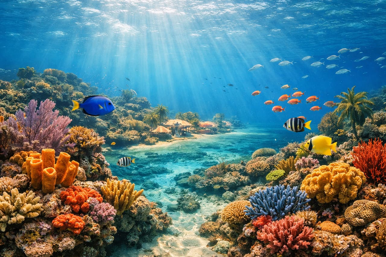 Il mondo sottomarino della barriera corallina del Belize con coralli e pesci tropicali