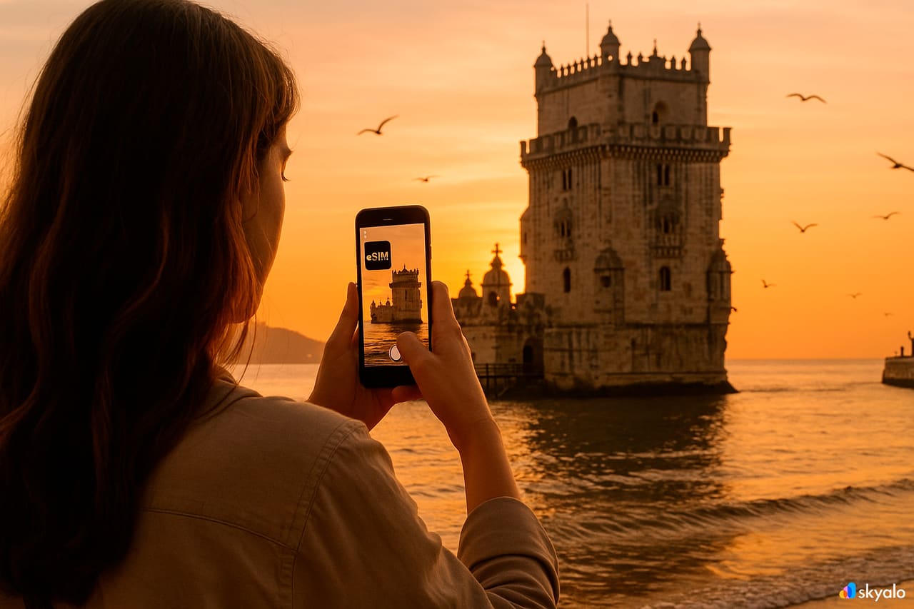 Viaggiatrice che fotografa la Torre di Belém al tramonto; l’eSIM Skyalo la tiene online per condividere le foto all’istante
