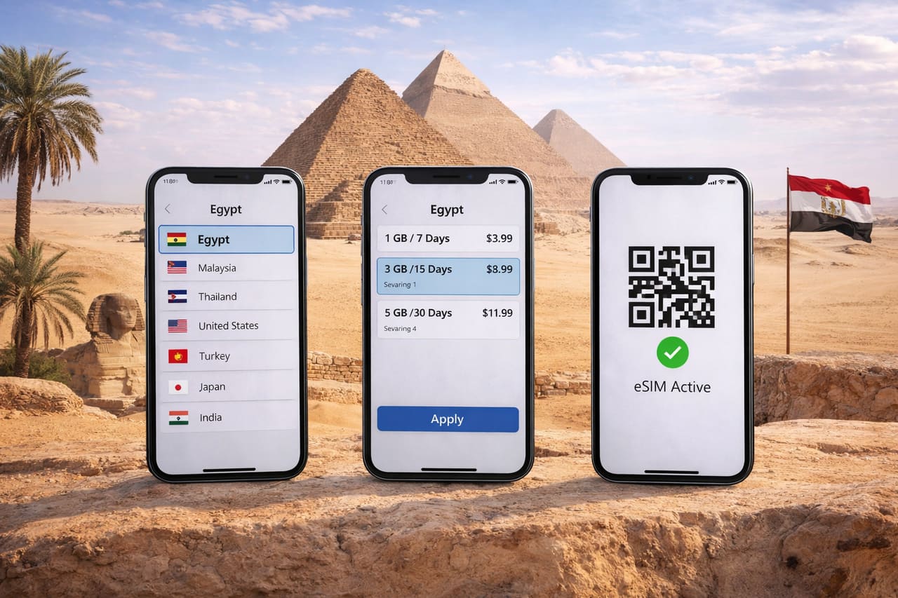 Processo di attivazione della eSIM per l’Egitto su tre smartphone sullo sfondo delle Piramidi di Giza